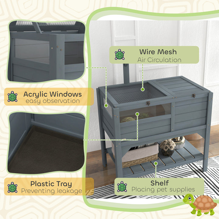 Wooden Tortoise House, with Shelter, Run, Shelf, Lamp Holder, Tray, Grey