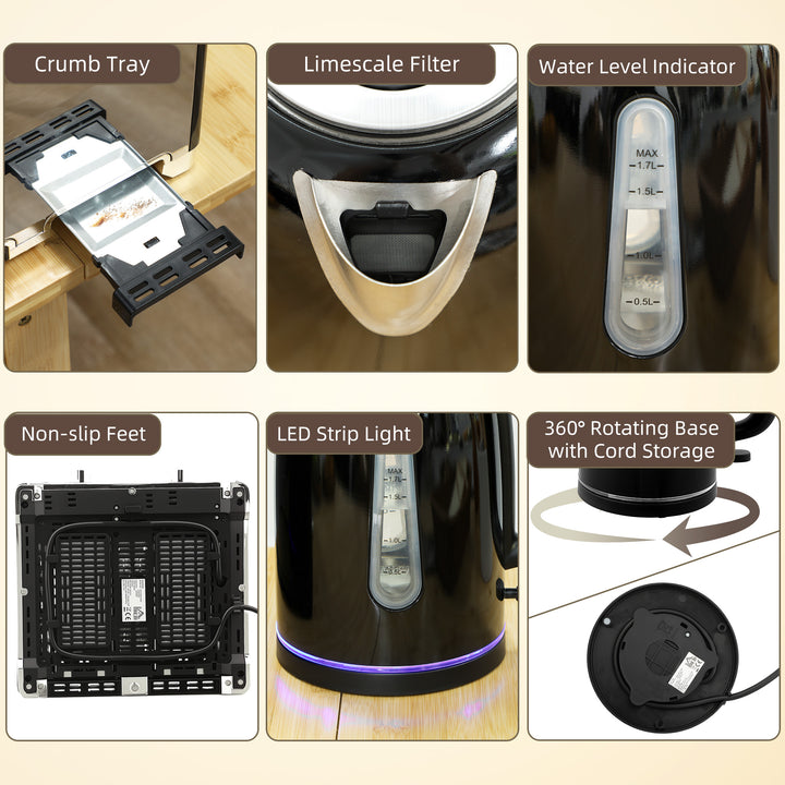 MCL Kettle and Toaster Set, 1.7L 3000W Rapid Boil Jug Kettle with Strix Thermostat, Limescale Filter, 4 Slice Toaster with 7 Browning Controls, Crumb Tray, Black