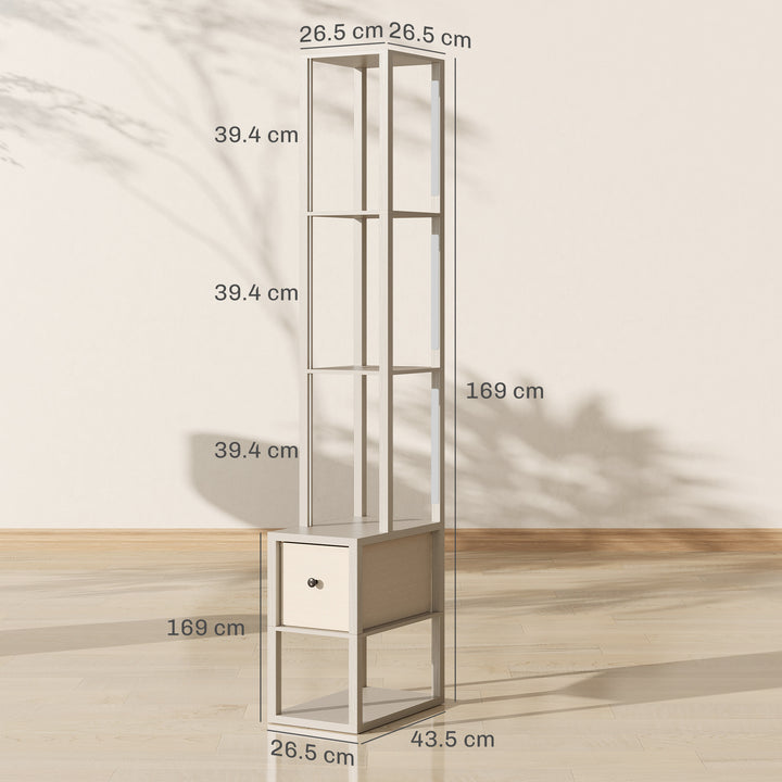 Floor Lamp with Shelves, LED Column Modern Standing Lamp with Fabric Drawer, Adjustable Brightness, Foot Switch for Living Room, Bedroom, Office, Oak