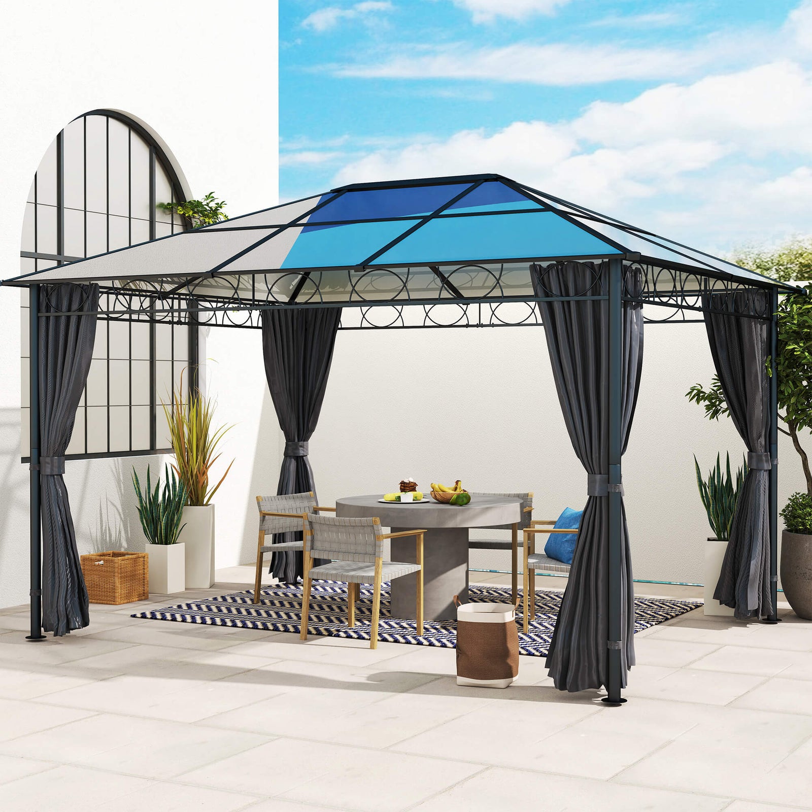 Hardtop Gazebo Garden Pavilion with UV Resistant Polycarbonate Roof, Curtains, Steel & Aluminium Frame, 3 x 4m, Grey