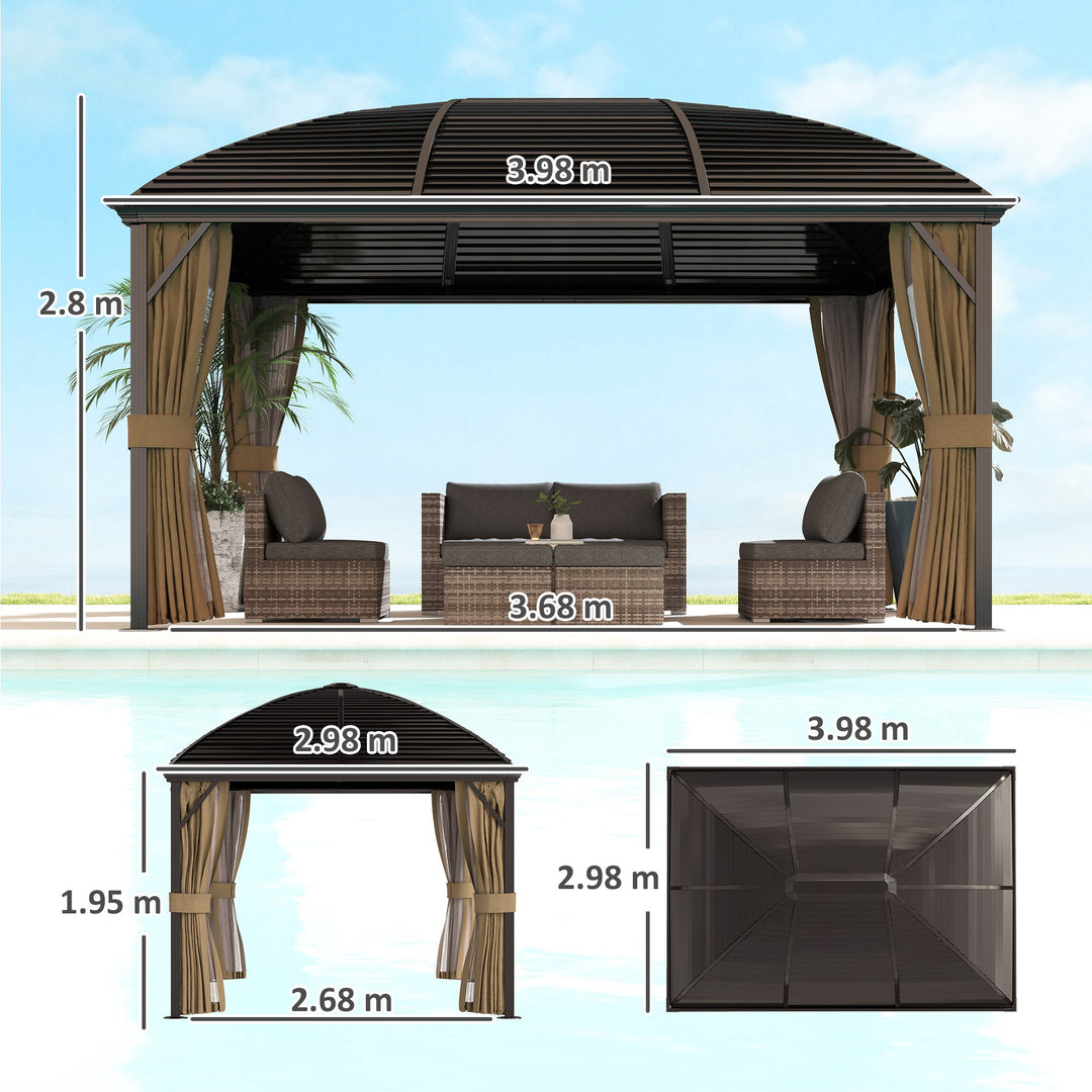 3 x 4m Hardtop Gazebo Canopy with Metal Roof, Aluminium Gazebo Permanent Pavilion with Netting and Curtains, Brown