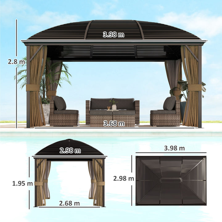 3 x 4m Hardtop Gazebo Canopy with Metal Roof, Aluminium Gazebo Permanent Pavilion with Netting and Curtains, Brown