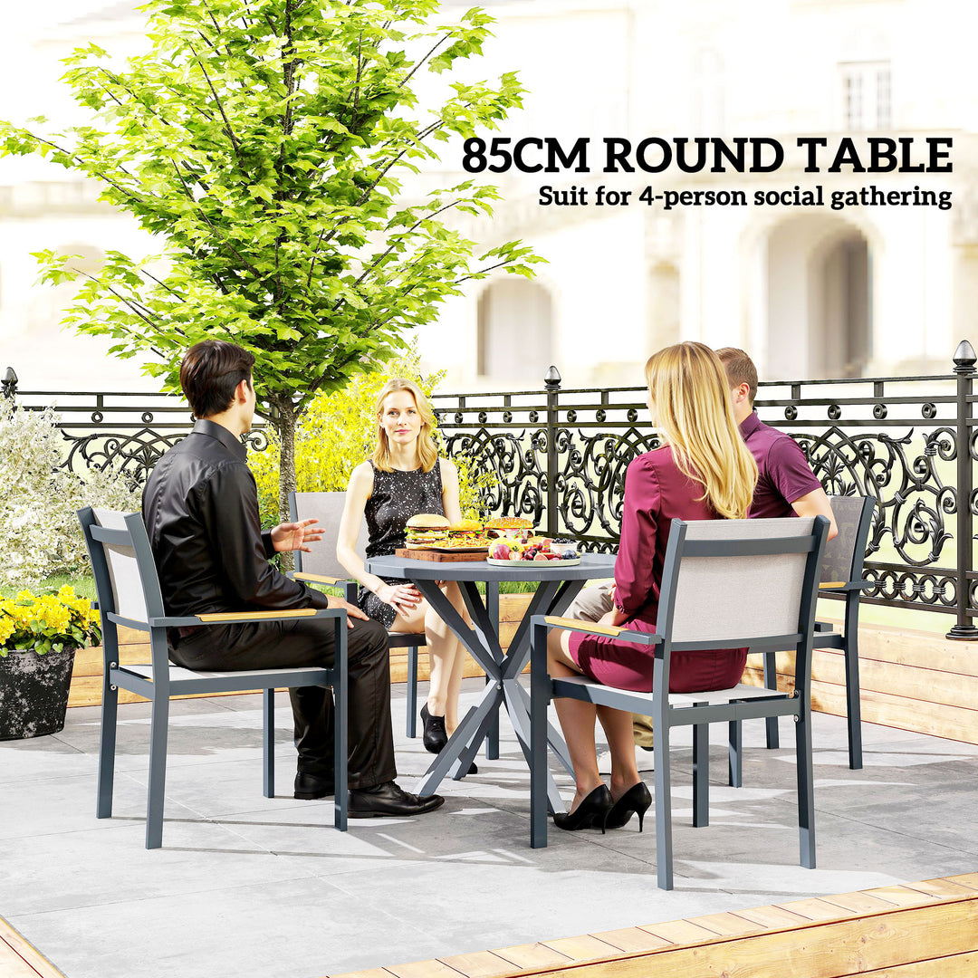 Garden Table, 85cm Round Outdoor Dining Table with Steel Frame, Wood Effect Top, for Balcony, Deck, Dark Grey
