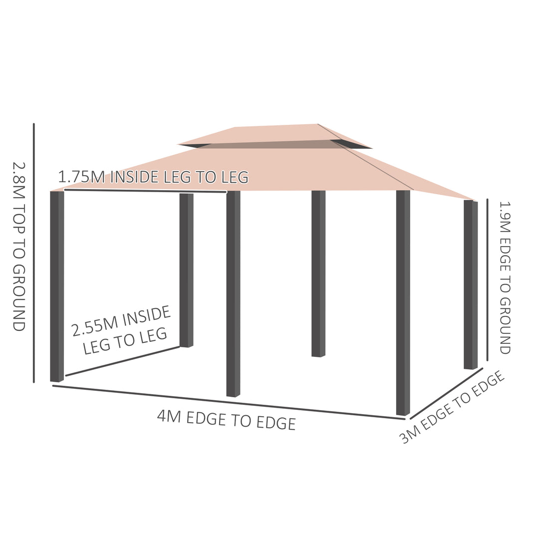 MCL 4 x 3(m) Outdoor Gazebo Canopy Party Tent Garden Pavilion Patio Shelter w/ LED Solar Light, Double Tier Roof, Curtains, Steel Frame, Khaki