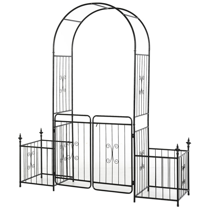 MCL Metal Garden Arbor Arch with Double Doors, 2 Side Planter Baskets, Climbing Vine Frame, Black