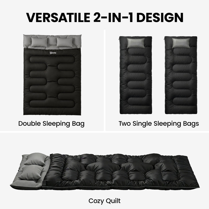 Double Sleeping Bag with 2 Pillows, 220 x 160 cm Extra-Large Sleeping 