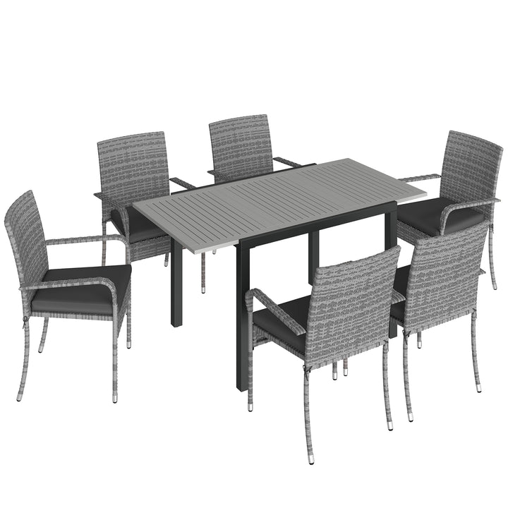7 Piece Rattan Garden Furniture Set, 6 Seater Garden Table and 6 Stack