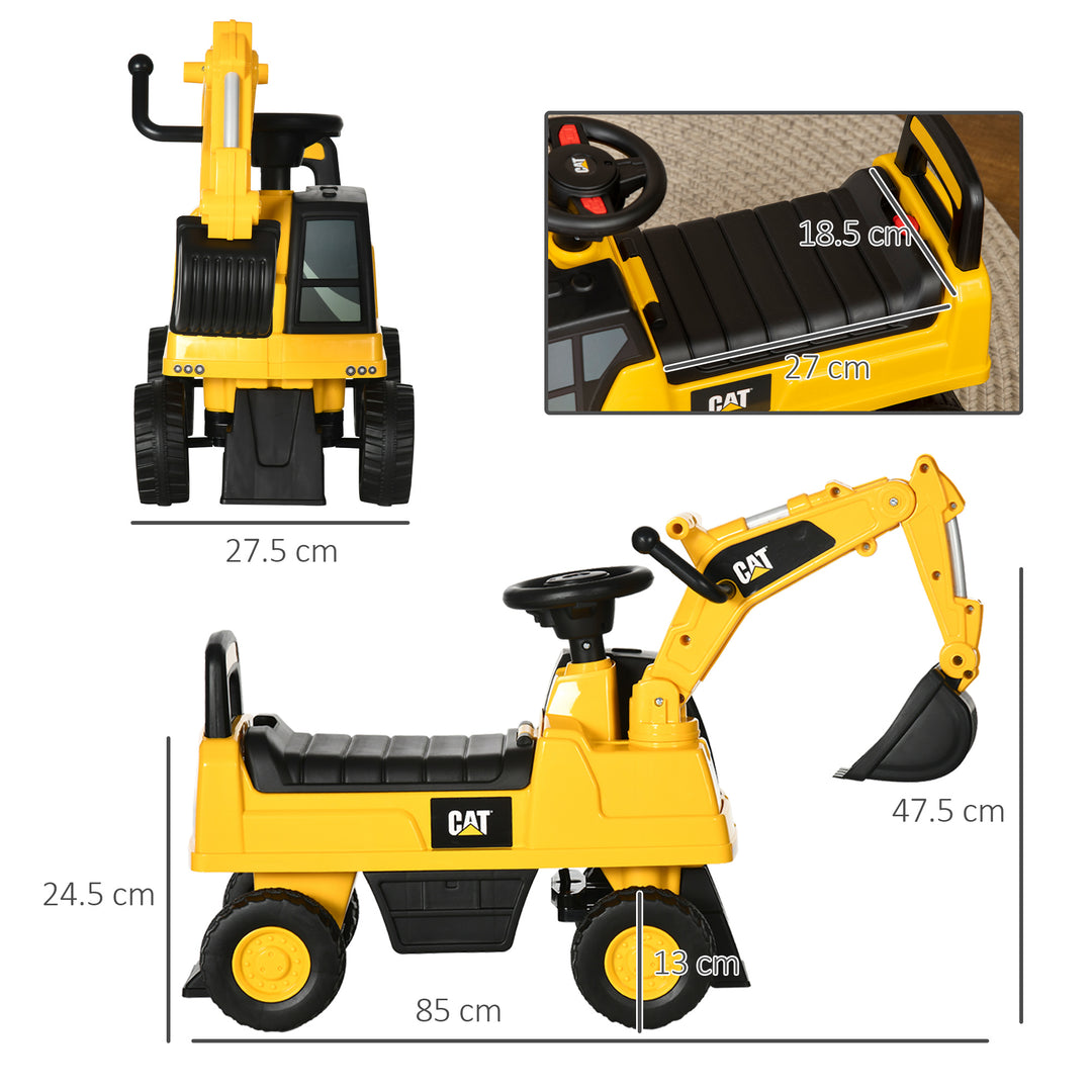 CAT Licensed Kids Ride on Digger Toddler Pretend Construction Play Toy Foot-To-Floor Ride-On Toy w/ Manual Shovel, Horn, Hidden Storage, for Ages 1-3 Years