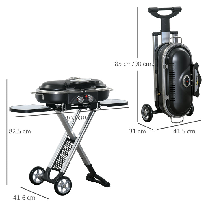 Foldable Gas BBQ Grill 2 Burner Garden Barbecue Trolley w/ Lid Side Shelves Storage Pocket Piezo Ignition Thermometer, Aluminium Alloy