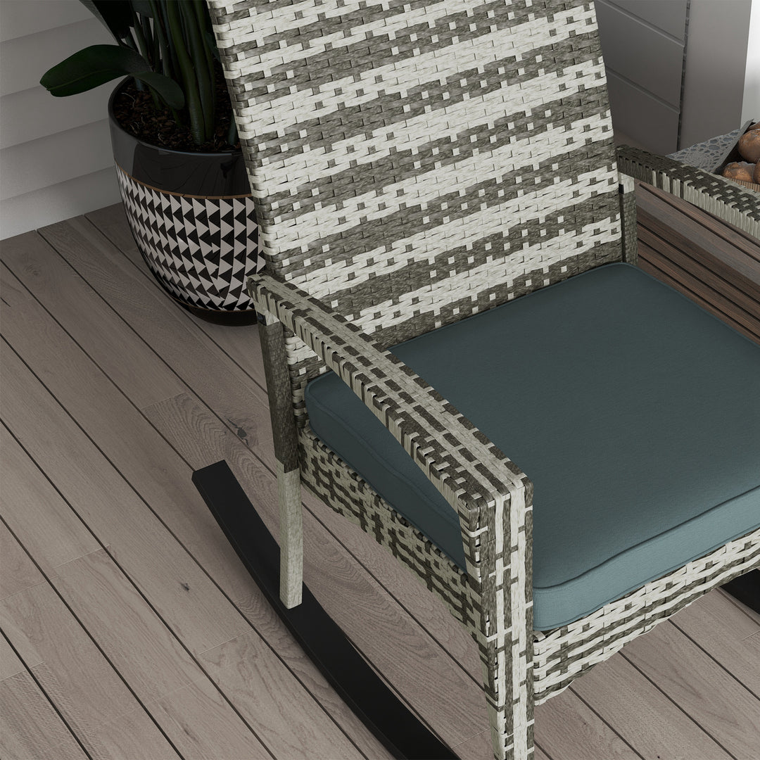 MCL PE Rattan Garden Rocking Chair, Outdoor Rocking with Cushion, 160 KG Capacity Wicker Garden Armchair Rocker with Metal Frame for Patio, Porch, Balcony, Light Grey