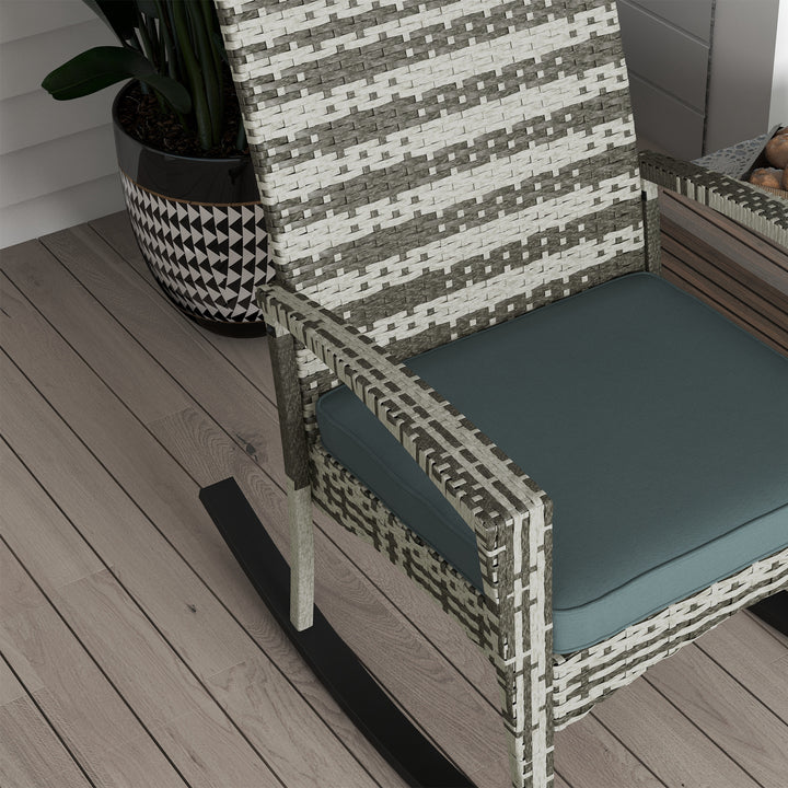PE Rattan Garden Rocking Chair, Outdoor Rocking with Cushion, 160 KG Capacity Wicker Garden Armchair Rocker with Metal Frame for Patio, Porch, Balcony, Light Grey