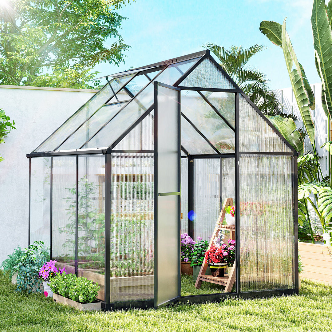 Polycarbonate Greenhouse with Swing Door and Adjustable Window, Walk-in Greenhouse with Rain Gutter, 6 x 6.5ft