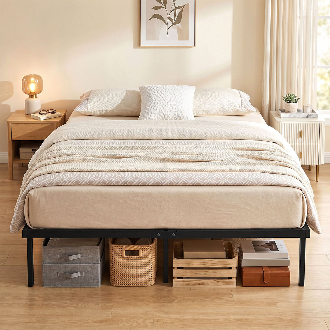 4ft6 Double Bed Frame with Underbed Storage, Metal Platform Bed Frame 