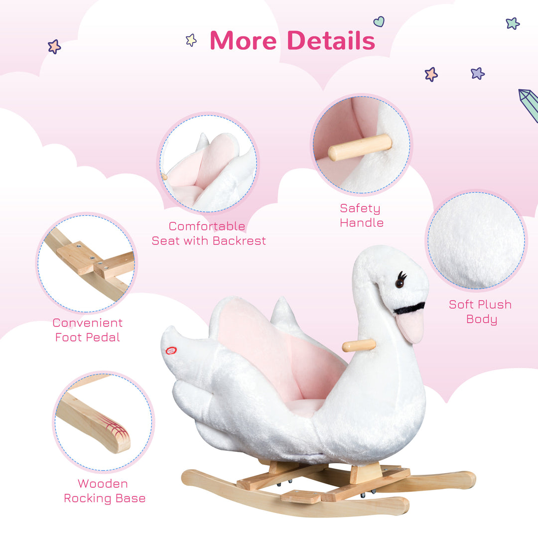 Kids Rocking Horse Plush Ride On Swan Toy w/ Safety Seat for Toddler 18 Months +, White and Pink