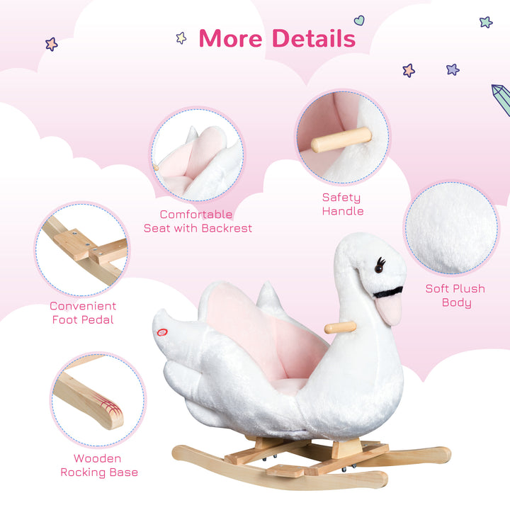 Kids Rocking Horse Plush Ride On Swan Toy w/ Safety Seat for Toddler 18 Months +, White and Pink