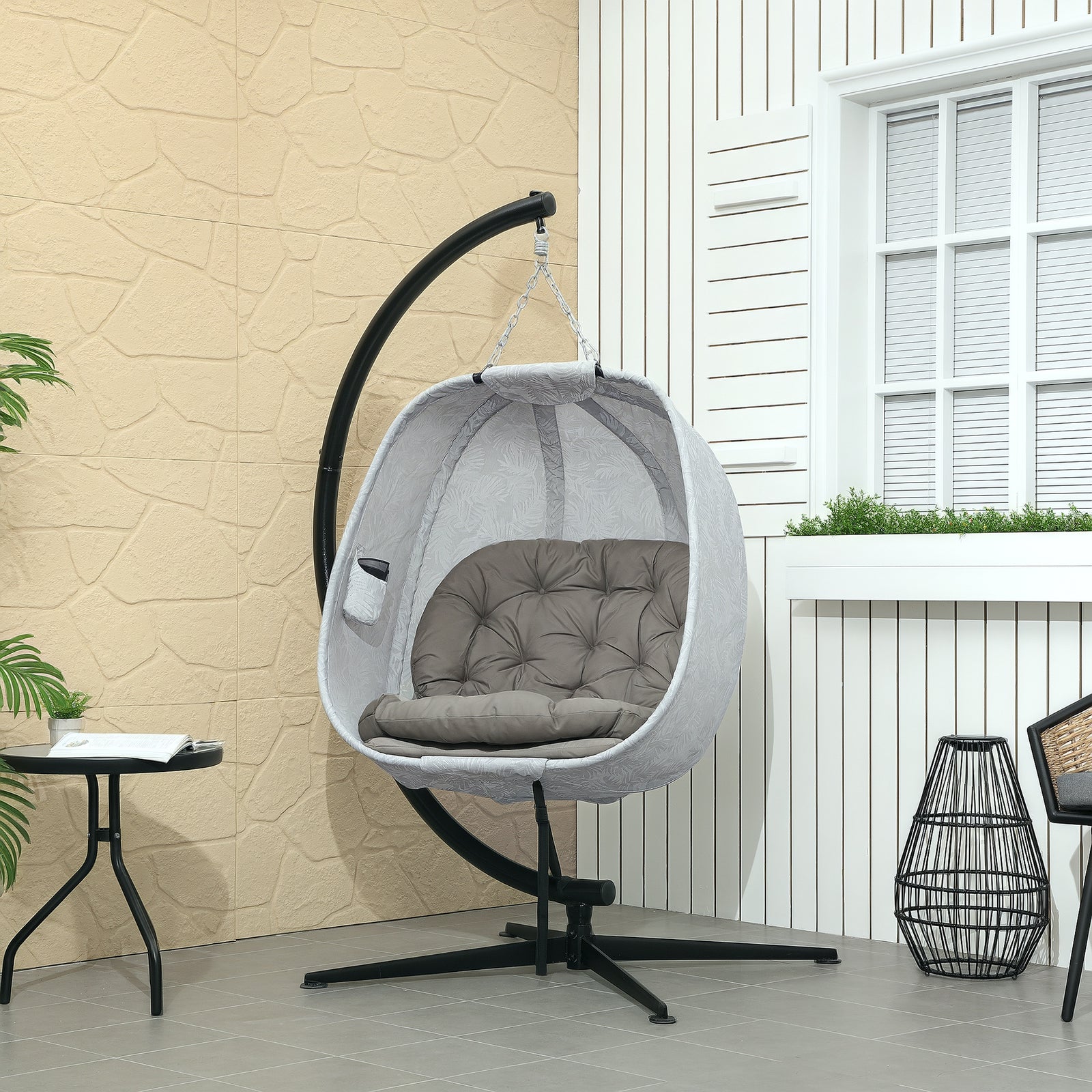 Hanging Egg Chair Outdoor Indoor Garden Swing Chair with Folding Basket, Garden Hanging Chair with Stand, Thickened Cushion, Cup Holder for Patio, Balcony, Sand Brown