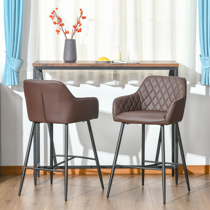 HOMCOM Set of 2 Bar Chair With Backs Retro, PU Leather Bar Stools w/ Footrest Metal Frame Comfort Support Stylish Dining Seating, Brown | Aosom UK