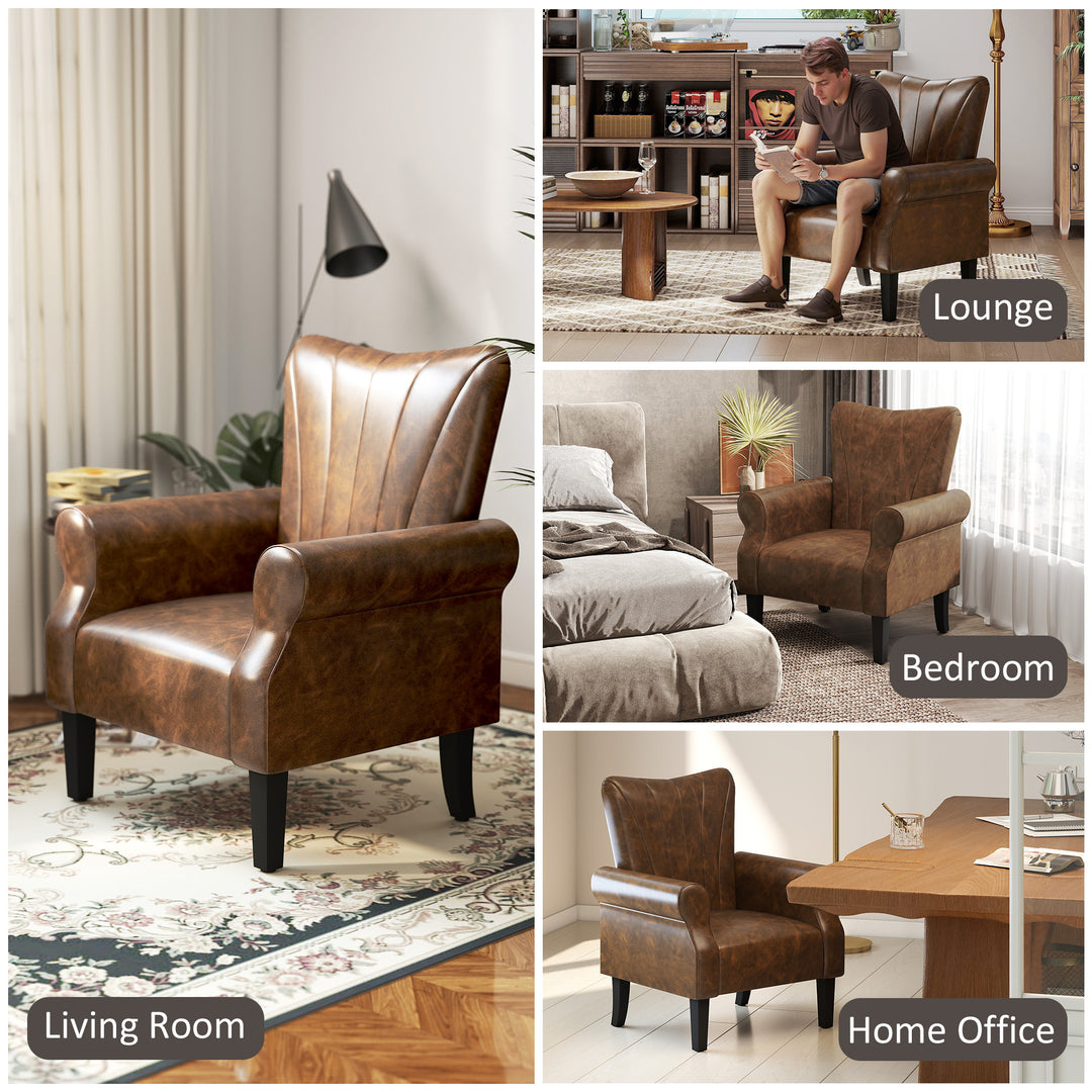 Upholstered Accent Chair with Rolled Arms and Wood Legs, Armchair for Living Room Bedroom, Brown
