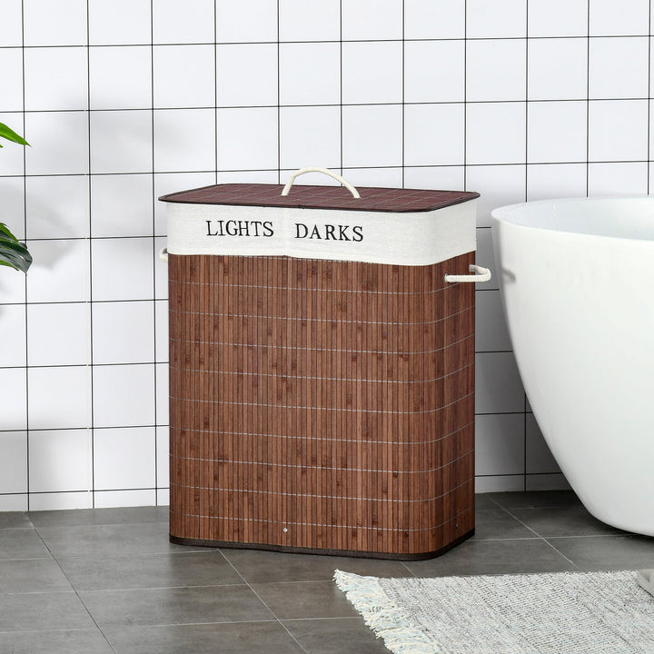 100L Laundry Basket with Lid String Handles, 2 Section Collapsible Hamper Removable Lining Foldable Water-Resistant Dirty Clothes Storage