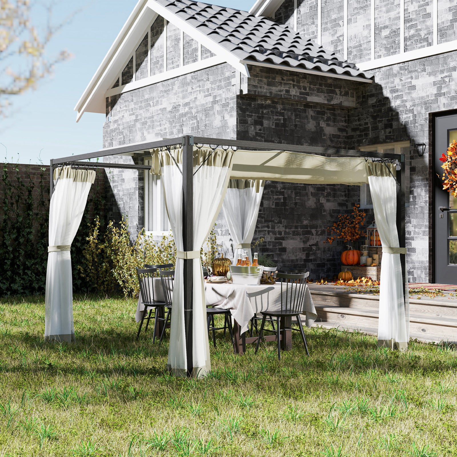 3 x 3m Aluminium Frame Pergola, with Retractable Roof - Khaki