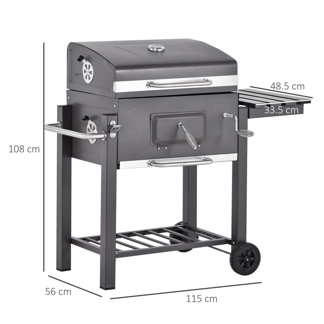 Charcoal Grill BBQ Trolley with Adjustable Charcoal Grate, Garden Metal Smoker Barbecue with Shelf, Side Table, Wheels, Built-in Thermometer, Bottle Opener