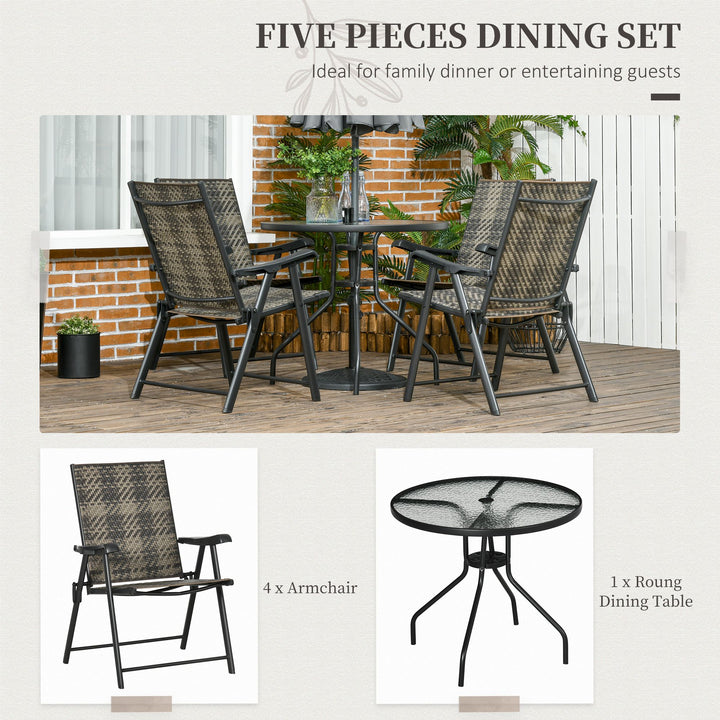 4 Seater Rattan Dining Set, Rattan Garden Furniture Set with Parasol Hole, Outdoor Dining Table and Chairs with 4 Armchairs, Round Glass Top Table for Patio, Balcony, Mixed Grey