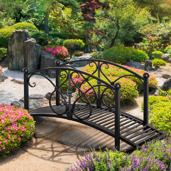 102L x 48W x 49H Classic Metal Garden Bridge with Safety Railings Arc Footbridge Decorative Pond Bridge for Backyard Creek Stream, Black