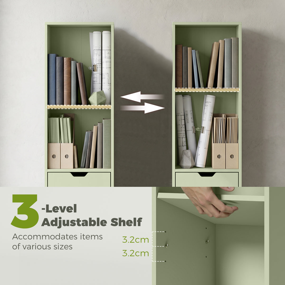 6-Tier Bookcase, Tall Narrow Bookshelf with Drawer and Door - Green