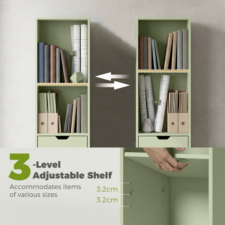 6-Tier Bookcase, Tall Narrow Bookshelf with Drawer and Door - Green
