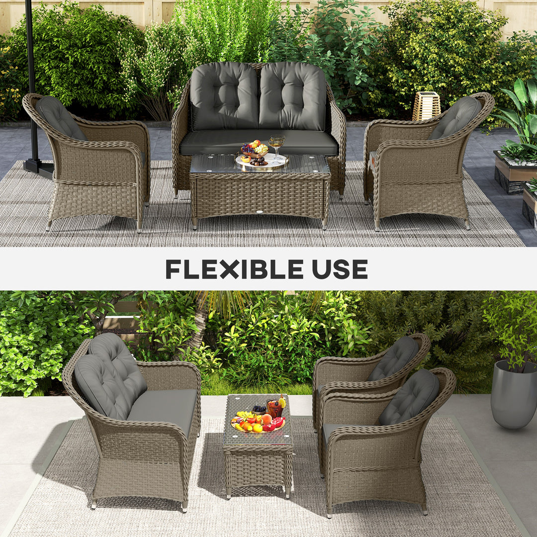 Four-Piece Rattan Sofa Set, with Glass-Top Table - Light Grey
