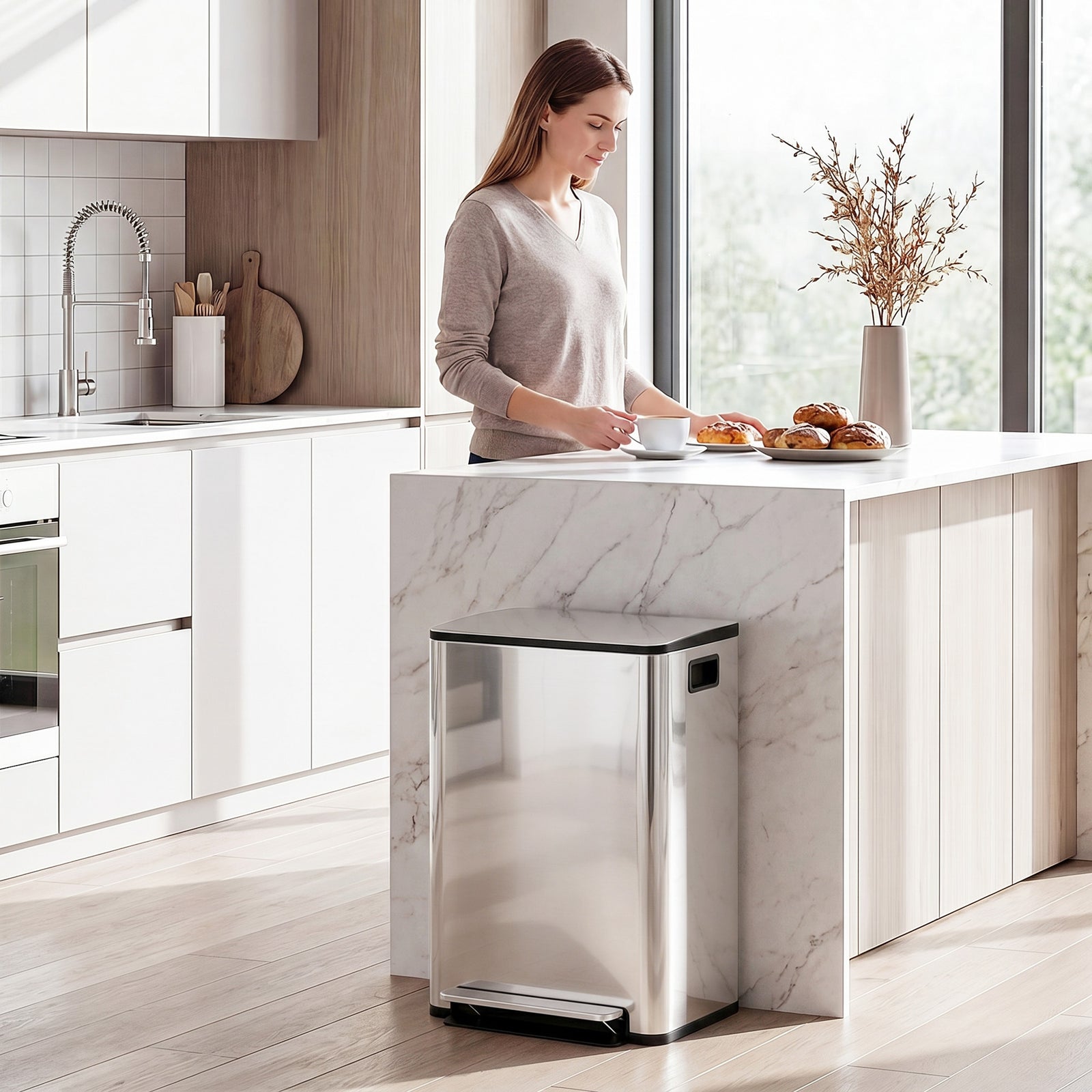 60L Dual Compartment Stainless Steel Bin, with Deodoriser Holders - Si