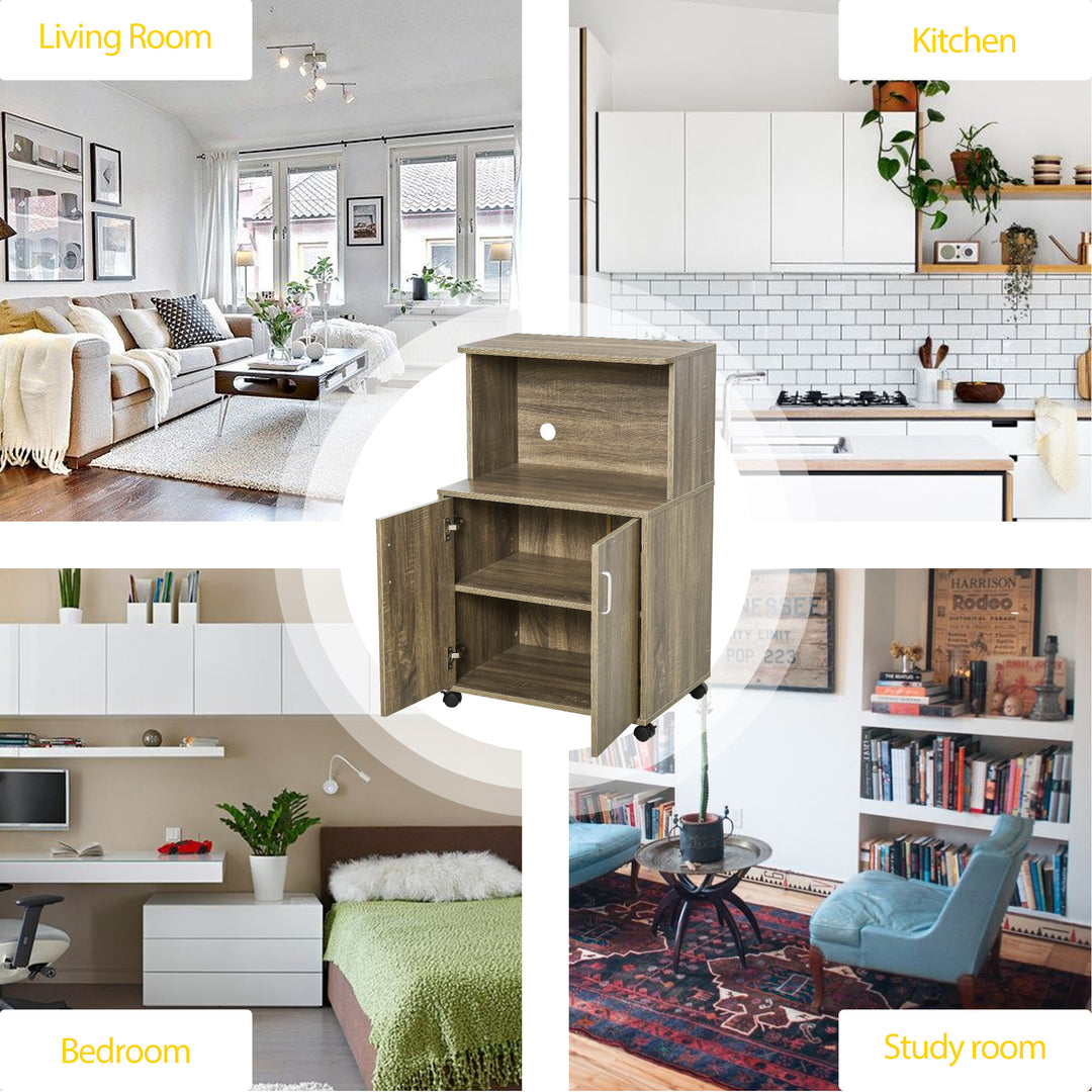 MCL Kitchen Storage Unit, Modern Microwave Stand Trolley Cart, Sideboard with Cabinet,  Locking Wheels, Shelf for Living Room, Dining Room, Oak Tone