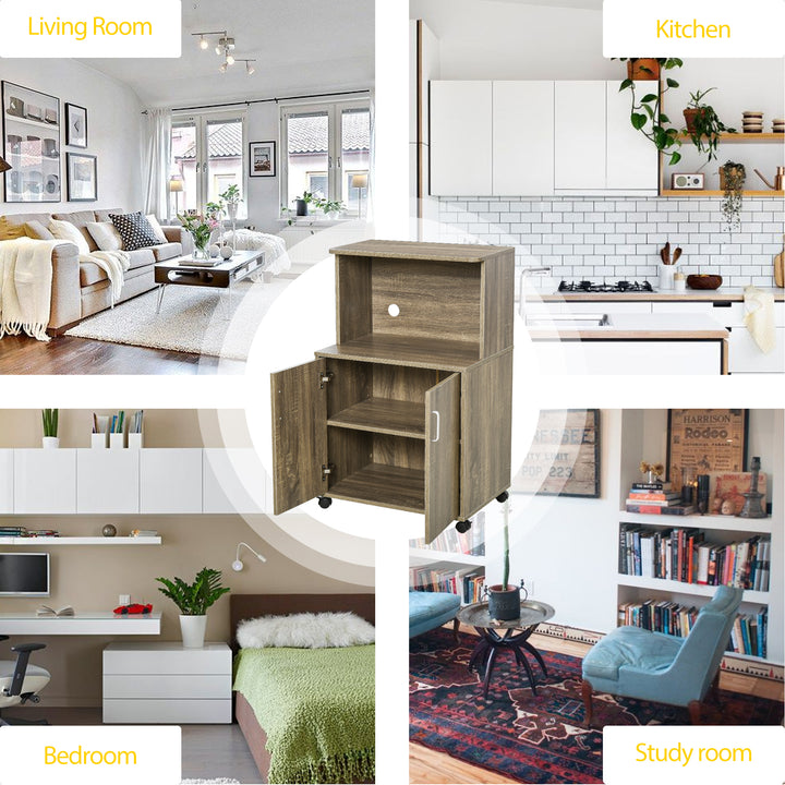 MCL Kitchen Storage Unit, Modern Microwave Stand Trolley Cart, Sideboard with Cabinet,  Locking Wheels, Shelf for Living Room, Dining Room, Oak Tone