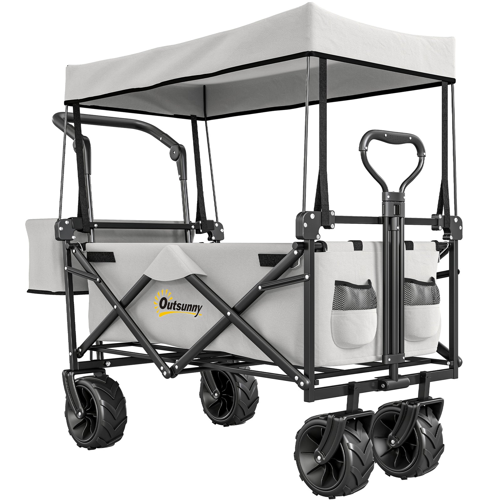 Folding Trolley Cart Storage Wagon Beach Trailer 4 Wheels with Handle Overhead Canopy Cart Push Pull for Camping, Grey