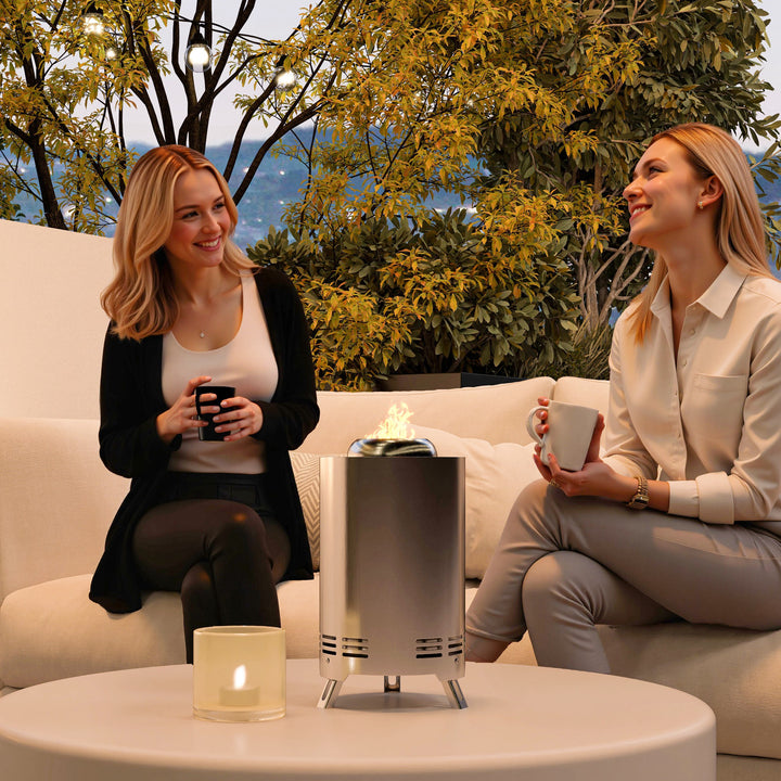 Smokeless Fire Pit, 16 x 16 cm Stainless Steel Portable Wood Burning Firepit with Poker, Wood or Pellet Fuelled Tabletop Fire Pit for Garden Camping Bonfire Party, Silver Tone