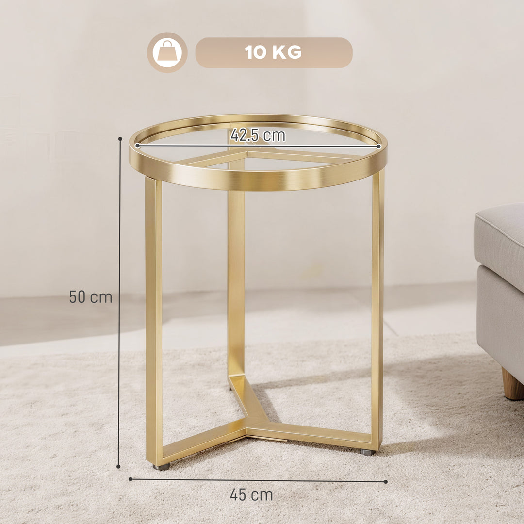 Round Side Table with Tempered Glass Top and Geometric Metal Frame for