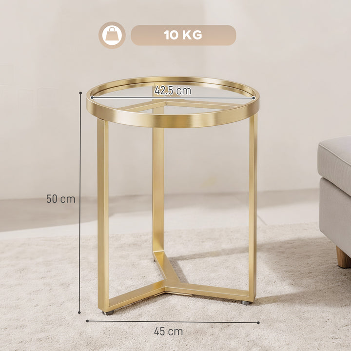 Round Side Table with Tempered Glass Top and Geometric Metal Frame for