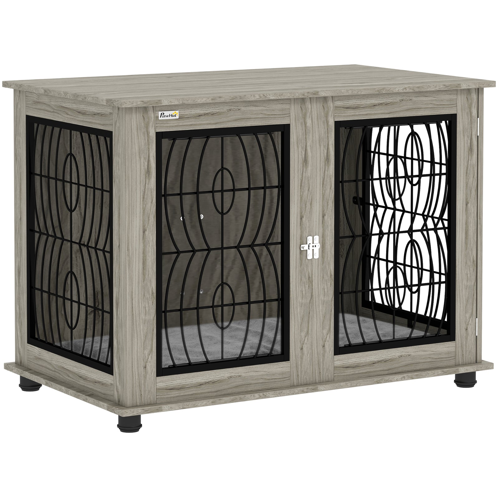 Indoor Dog Crate Furniture End Table with Soft Washable Cushion, Lockable Front Door, for Large Dogs - Grey