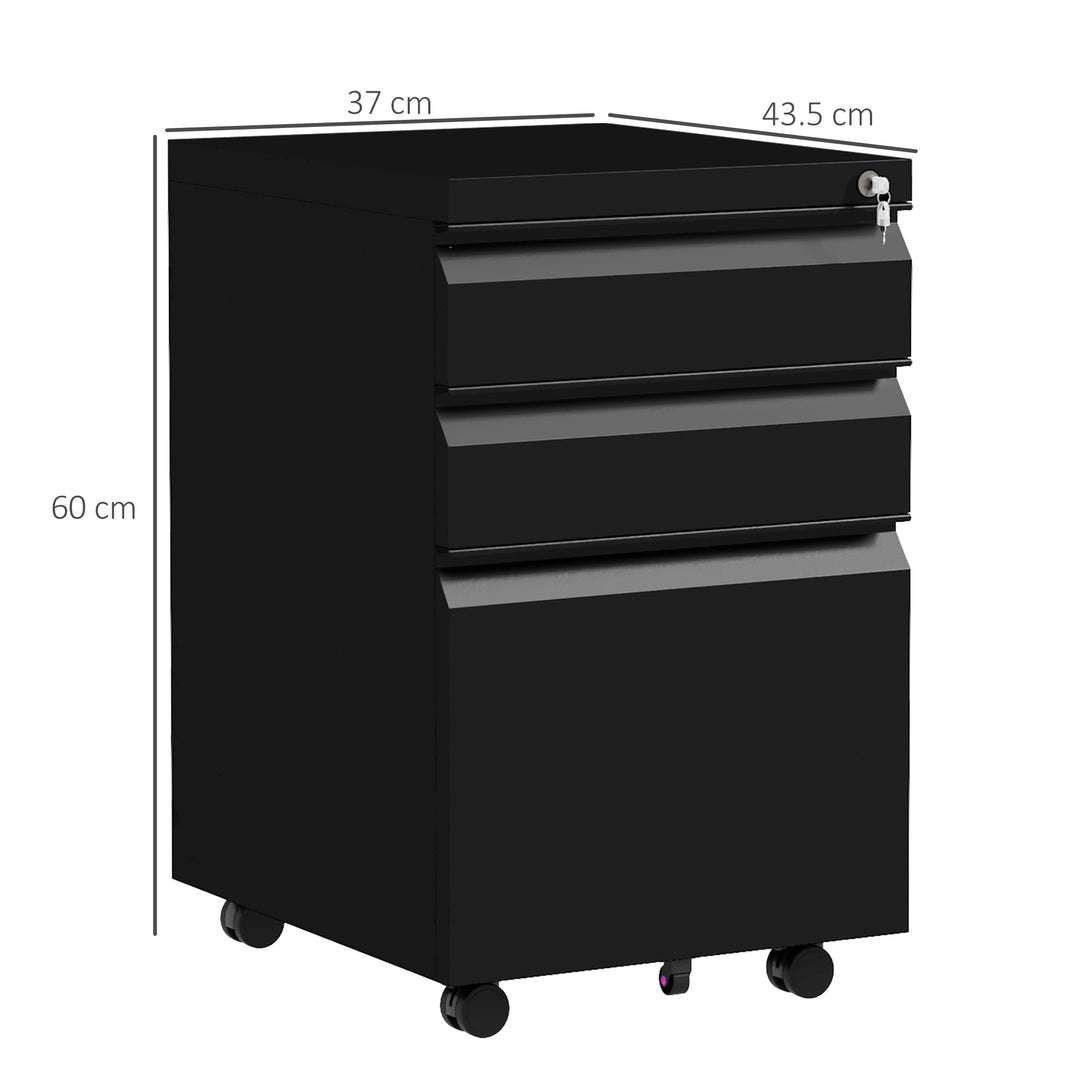 3-Drawer Filing Cabinet with Lock, Mobile Steel File Cabinet for A4, Legal and Letter Size, Under Desk Drawers with Pre-Assembled Body for Home Office, 37 x 43.5 x 60 cm, Black