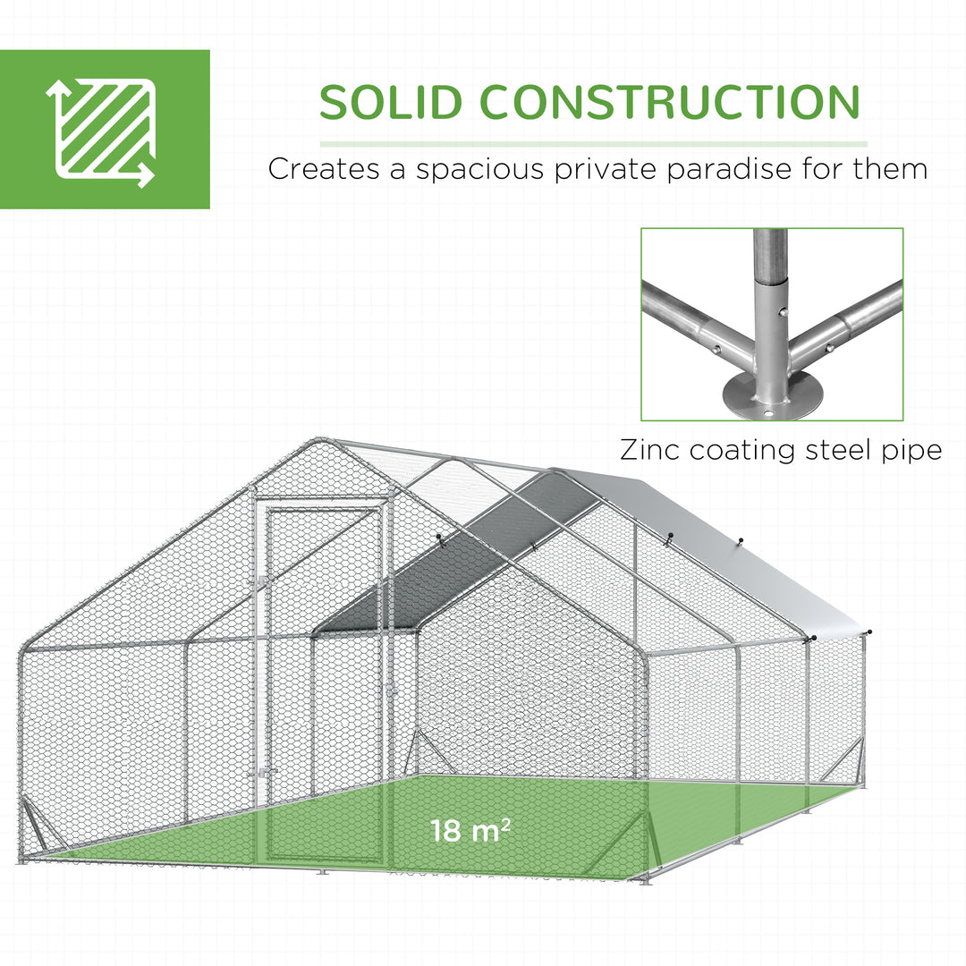 PawHut Walk-in Galvanised Steel Chicken Run with Chicken Activity Shelf and Cover, 3 x 6 x 2m | Aosom UK