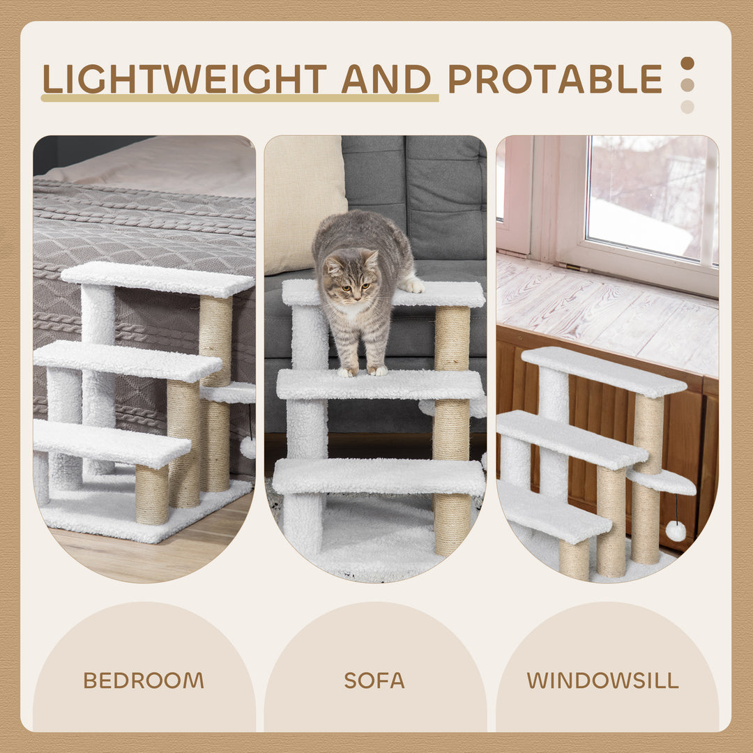 Pet Stair with 3-step Climb Ladder, Scratching Posts, Platforms, Toy Ball, for Indoor Elderly Cats Kittens, White