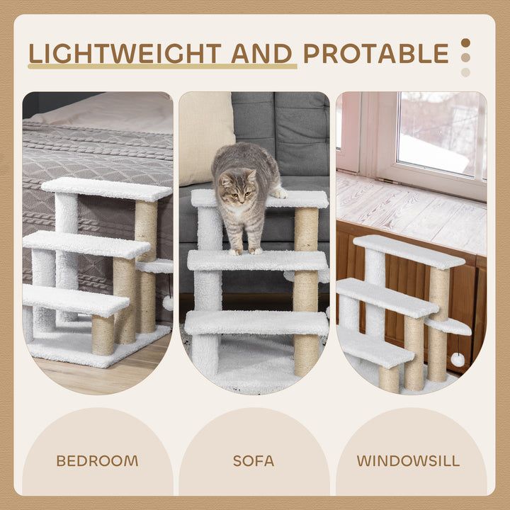 Pet Stair with 3-step Climb Ladder, Scratching Posts, Platforms, Toy Ball, for Indoor Elderly Cats Kittens, White