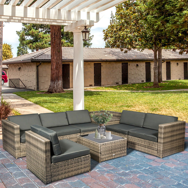 MCL 8 Pieces Outdoor PE Rattan Sofa Set with Cushions, Patio Garden Furniture Sets with Glass Top Coffee Table, Storage Corner Table, Mixed Brown