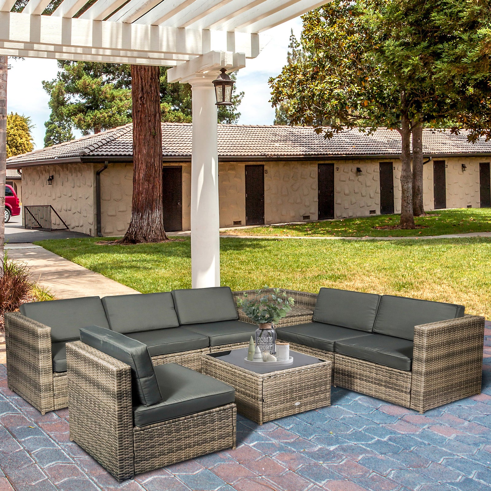 8 Pieces Outdoor PE Rattan Sofa Set with Cushions, Patio Garden Furniture Sets with Glass Top Coffee Table, Storage Corner Table, Mixed Brown