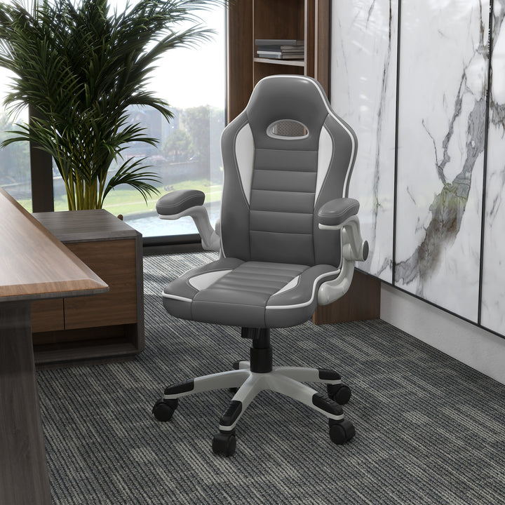 Computer Gaming Chair, Office Desk Swivel Chair, PU Leather Racing Chair with 90° Flip-up Armrest, Adjustable Height and Rolling Wheels, Grey