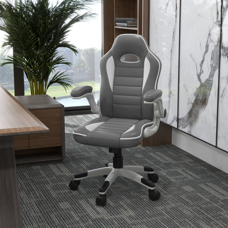 Computer Gaming Chair, Office Desk Swivel Chair, PU Leather Racing Chair with 90° Flip-up Armrest, Adjustable Height and Rolling Wheels, Grey