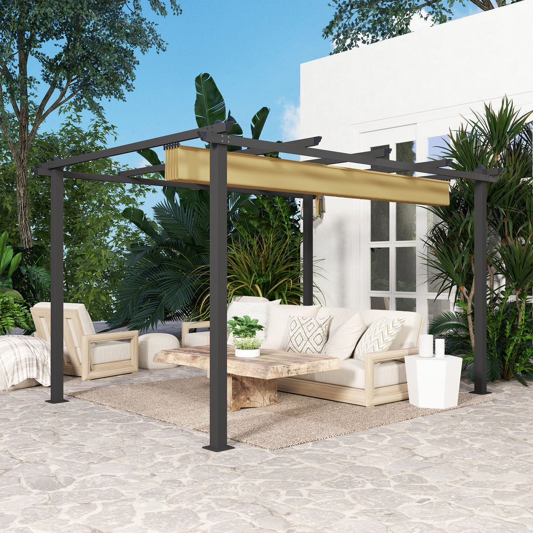 3 x 4m Aluminium Pergola, with Retractable Roof - Khaki