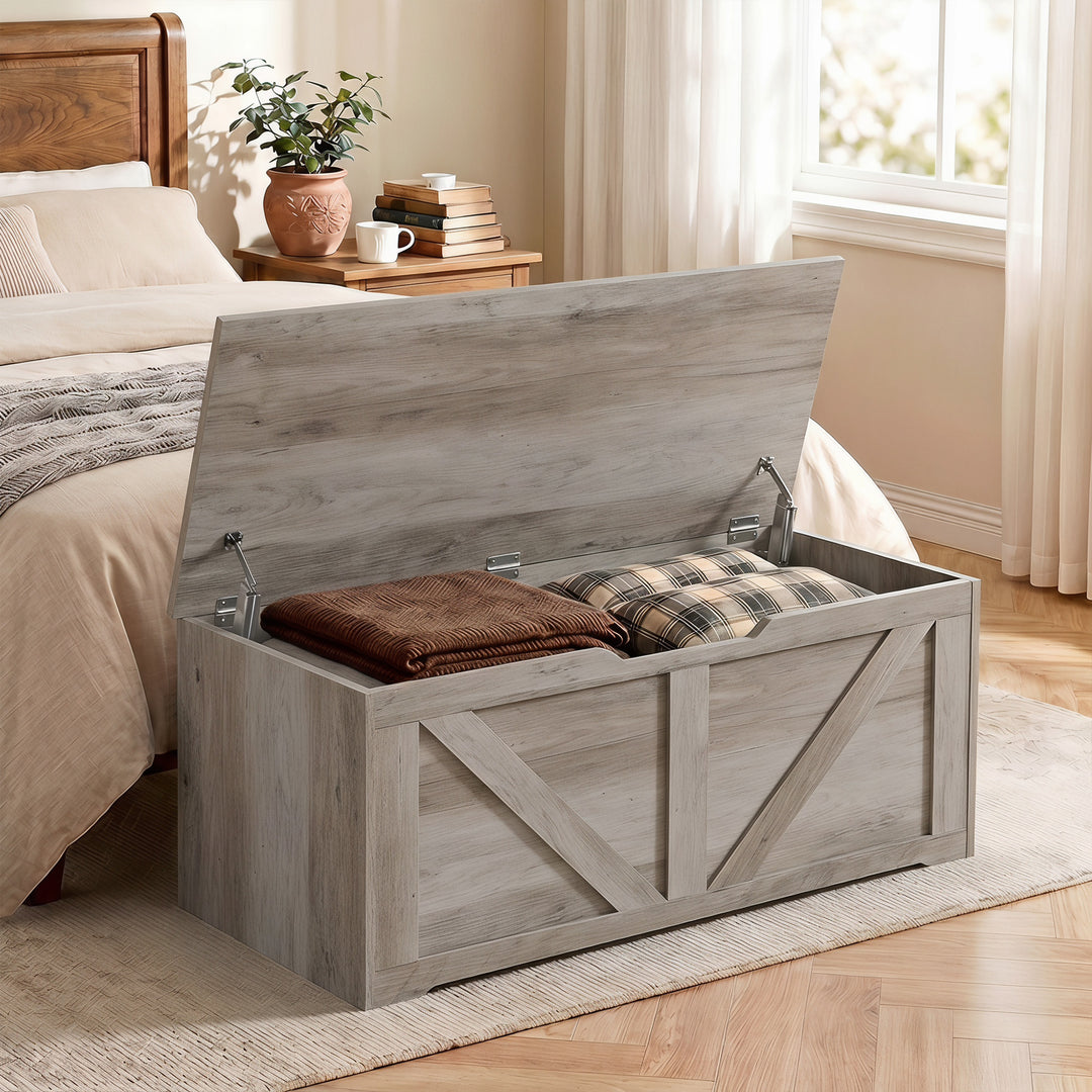 127L Home Storage Box, with Safety Hinges - Grey Wood-Effect