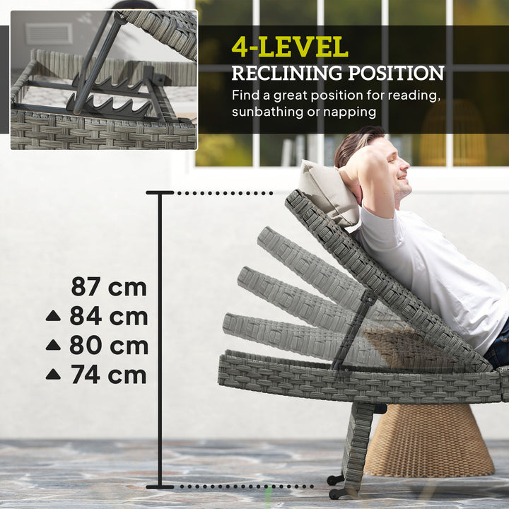 Outdoor PE Rattan Sun Lounger, Folding Wicker Garden Lounger Recliner with 4-Level Adjustable Backrest, Rolling Sunbed Lounge Chair with Wheels, Non-Slip Legs for Balcony, Beach, Mixed-grey