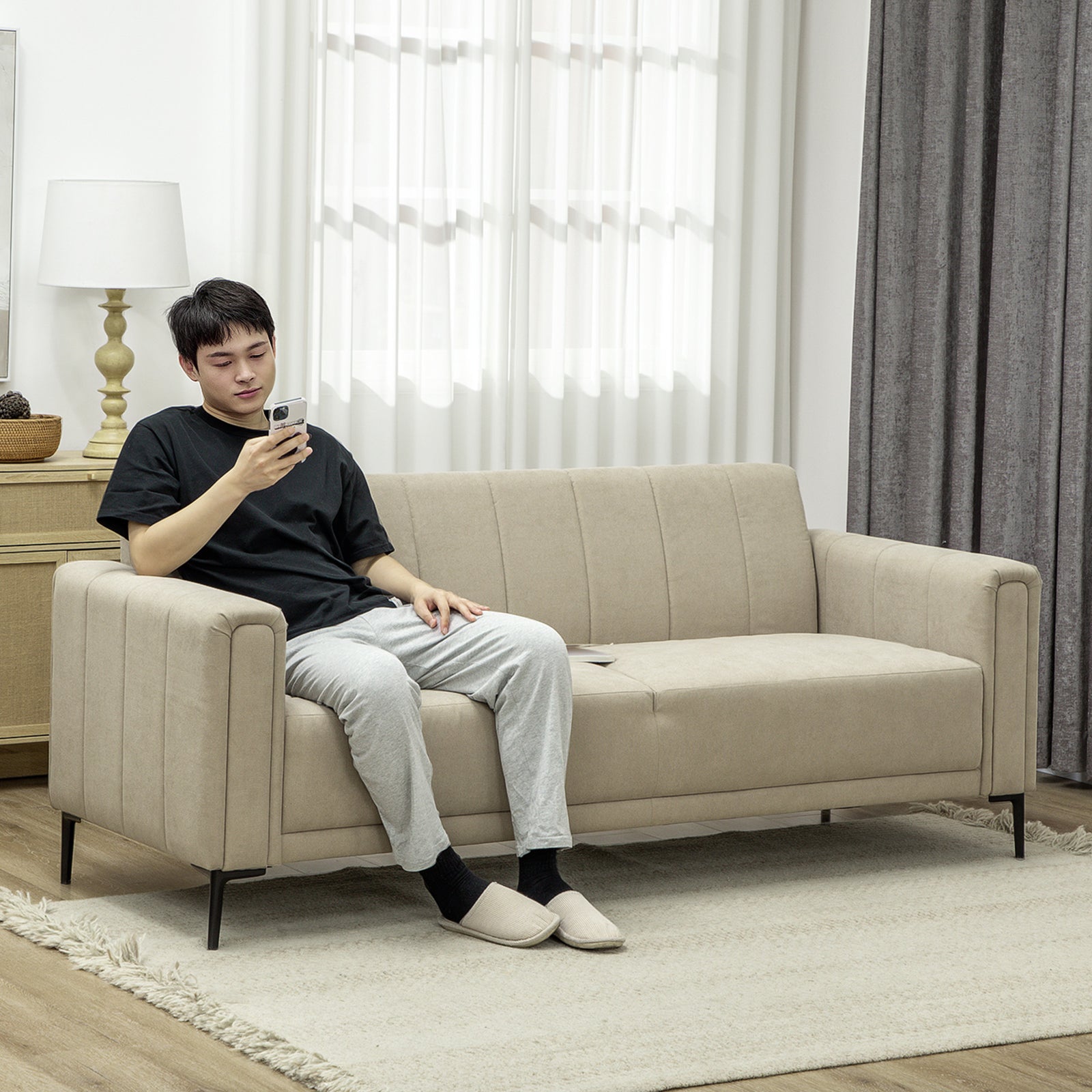 3 Seater Sofa, Modern Fabric Sofa Couch, Channel Tufted Upholstered Sofa Settee for Living Room, Guest Room, Bedroom, Home Office, Khaki